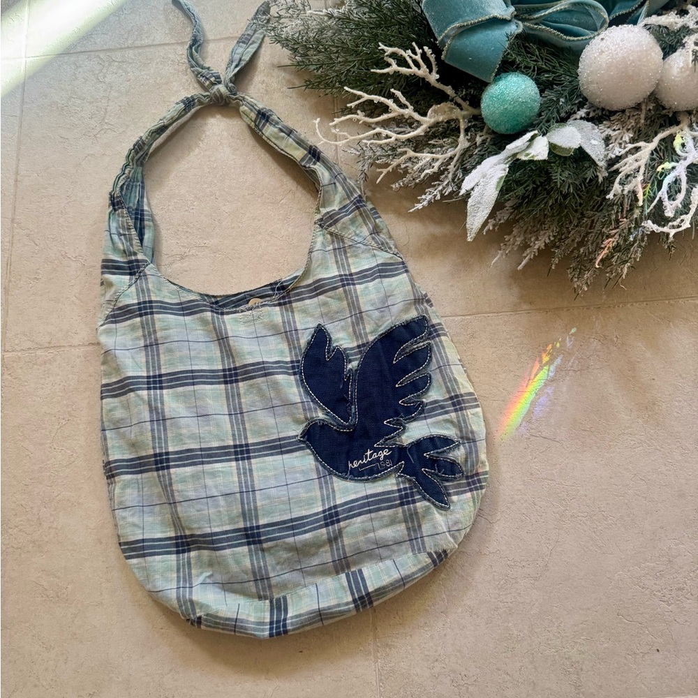 Heritage 1981 Vintage Blue Plaid Hobo Shoulder Bag with Dove Appliqué -Sling Bag